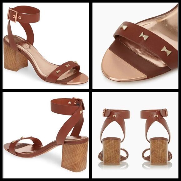 💕TED BAKER💕 Biah Ankle Strap Studded Bow Block Heel Sandals Brown EU 39.5 NWT - Picture 2 of 7